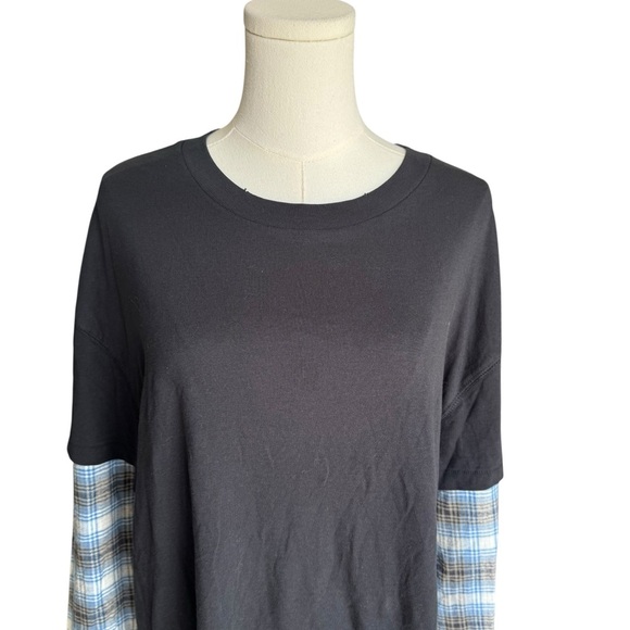 Urban Outfitters - NWT Plaid Sleeve Black Tee Grunge Y2K 90s Band Style Sz L - Picture 3 of 8